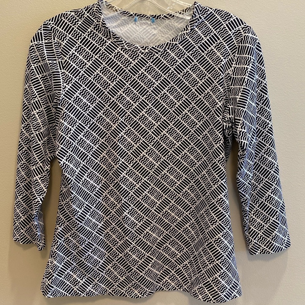 J McLaughlin Catalina Tee Crew Neck 3/4 Black White Geo Print S